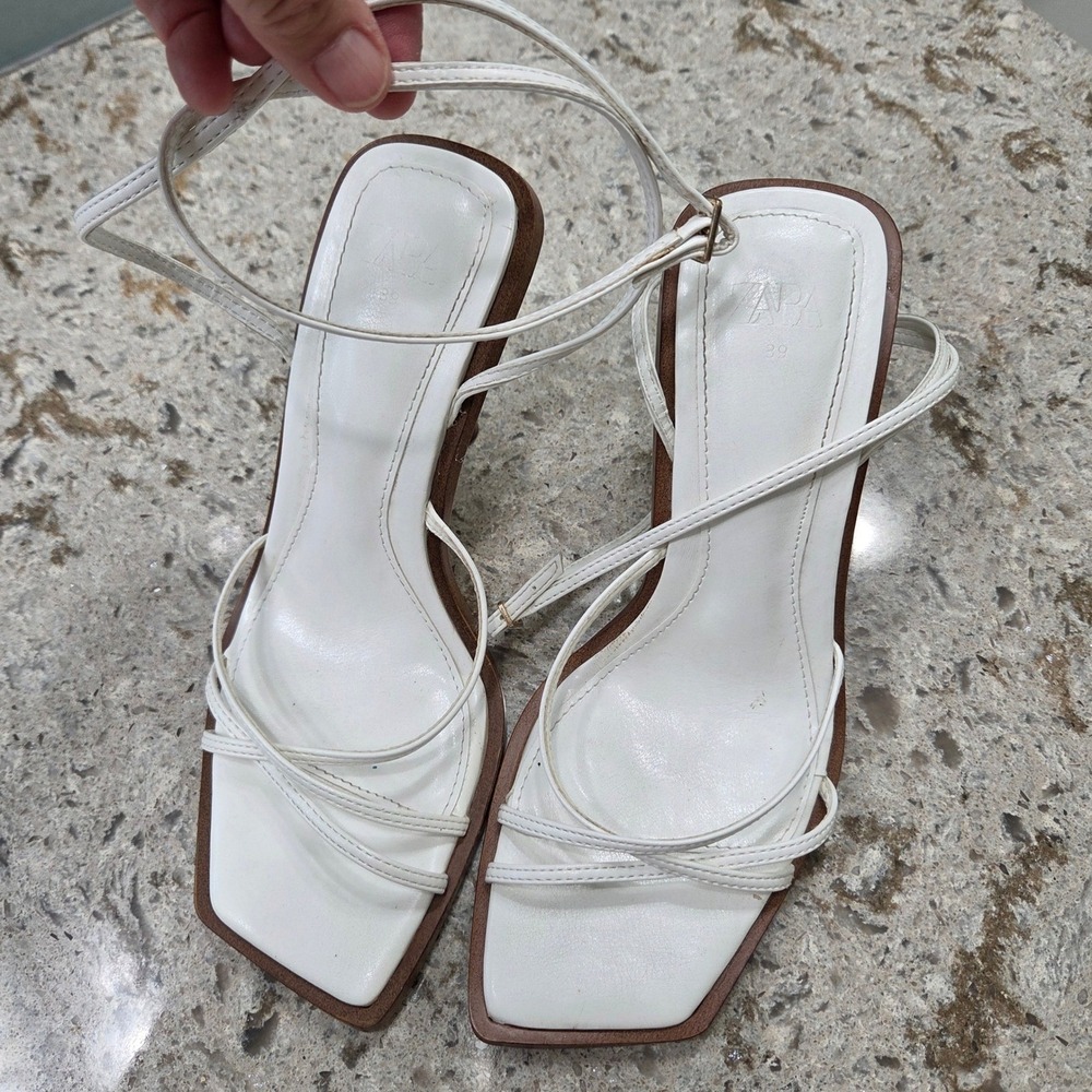 Zara White Heeled Sandals Square‎ Toe Ankle Strap Minimalist Size 39